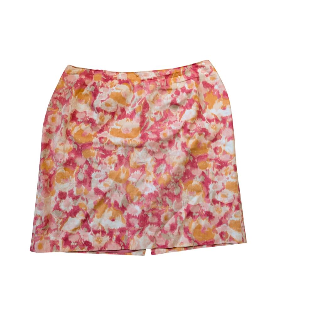 Talbots Woman Petite Size 16W Floral Pencil Skirt Pink Orange Watercolor Stretch